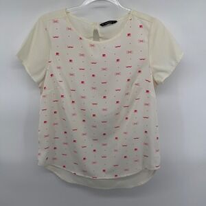 Dunnes Ivory Red Top Hat Moustache Bow Tie Print Short Sleeve Women Size 14